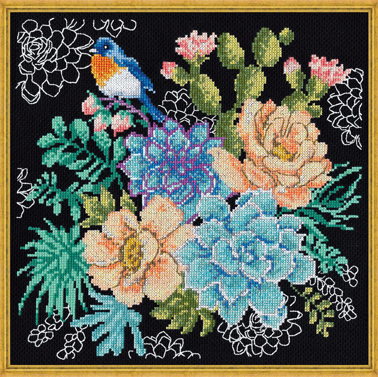 Stickbild mit bunten Sukkulenten, Blumen und einem kleinen Vogel auf schwarzem Hintergrund.