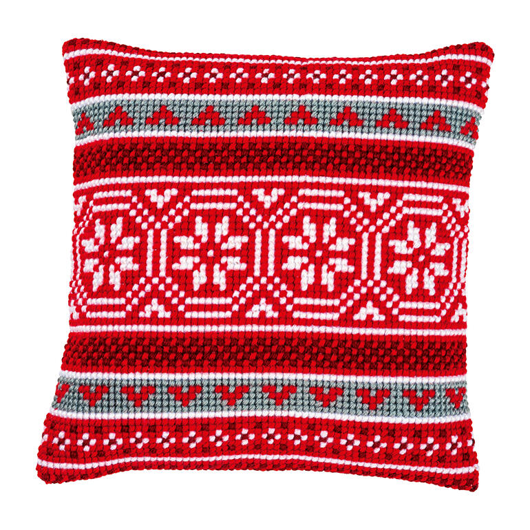 Rotes Kreuzstichkissen mit winterlichen Mustern