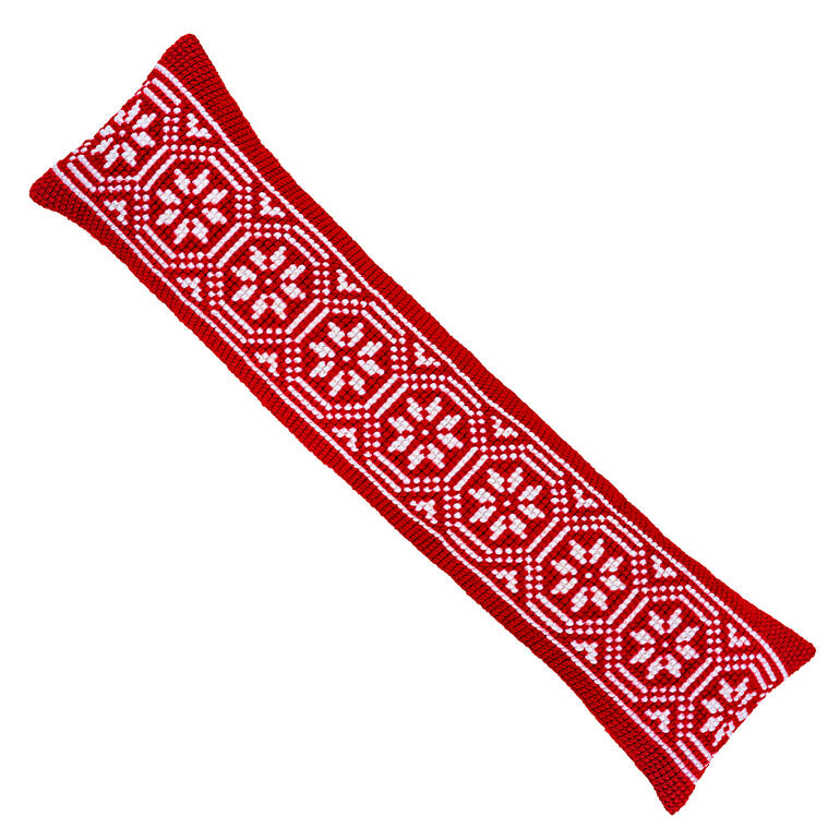 Zugluftstopper in Rot mit winterlichen Stickmustern