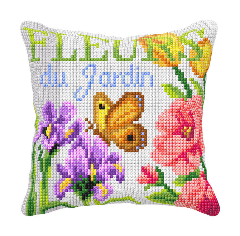 Kreuzstichkissen mit bunten Blumen und Schmetterling