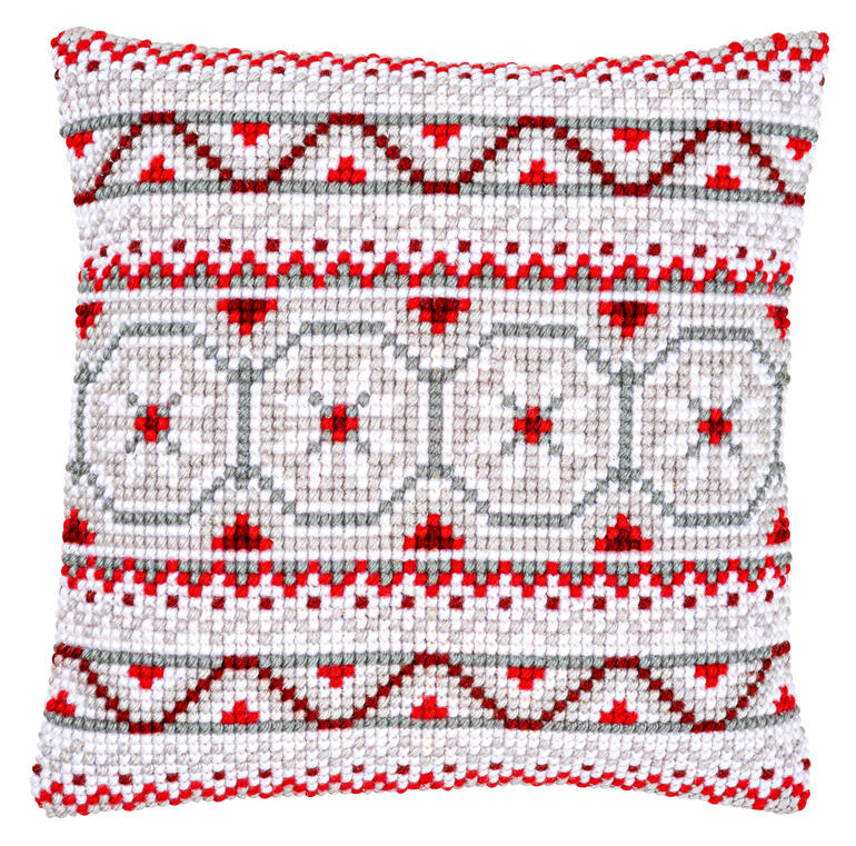 Kreuzstichkissen mit einem festlichen Weihnachtsmuster in Rot und Weiß