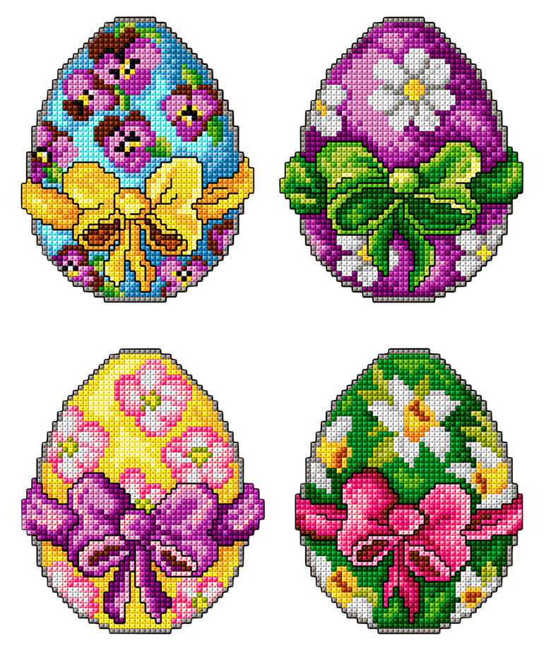 Set mit 4 dekorativen Anhängern in Form von Ostereiern mit bunten Mustern.