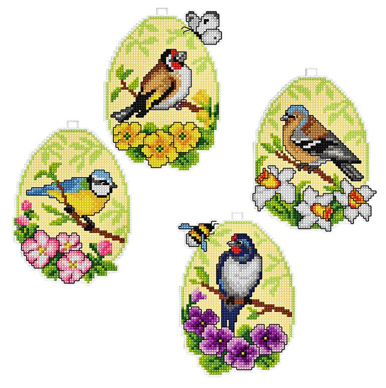 Set mit 4 dekorativen Anhängern in Form von Vögeln mit verschiedenen Motiven.