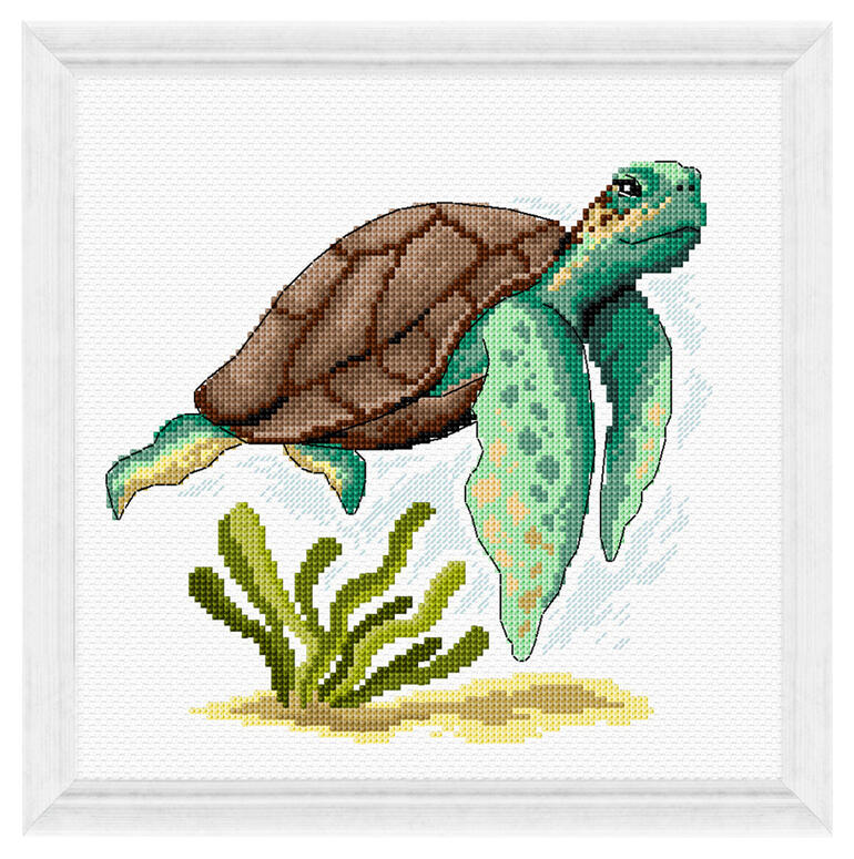 Stickbild einer Schildkröte im Wasser, zeigt lebendige Farben und Details.