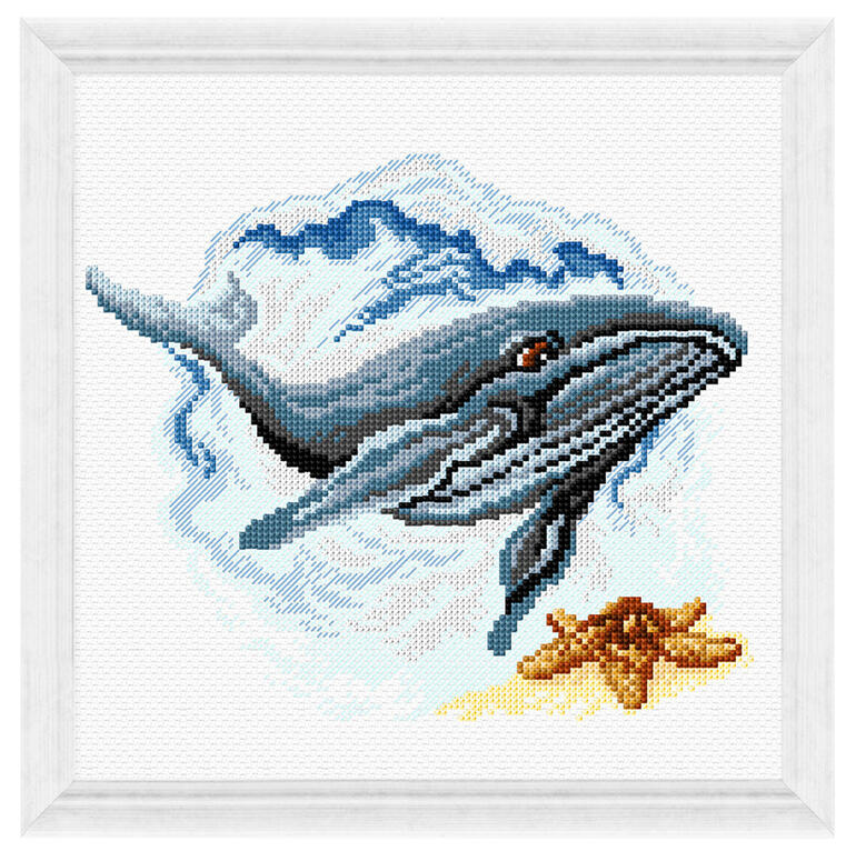 Stickbild eines Wals im Wasser, umgeben von Wellen und Muscheln.